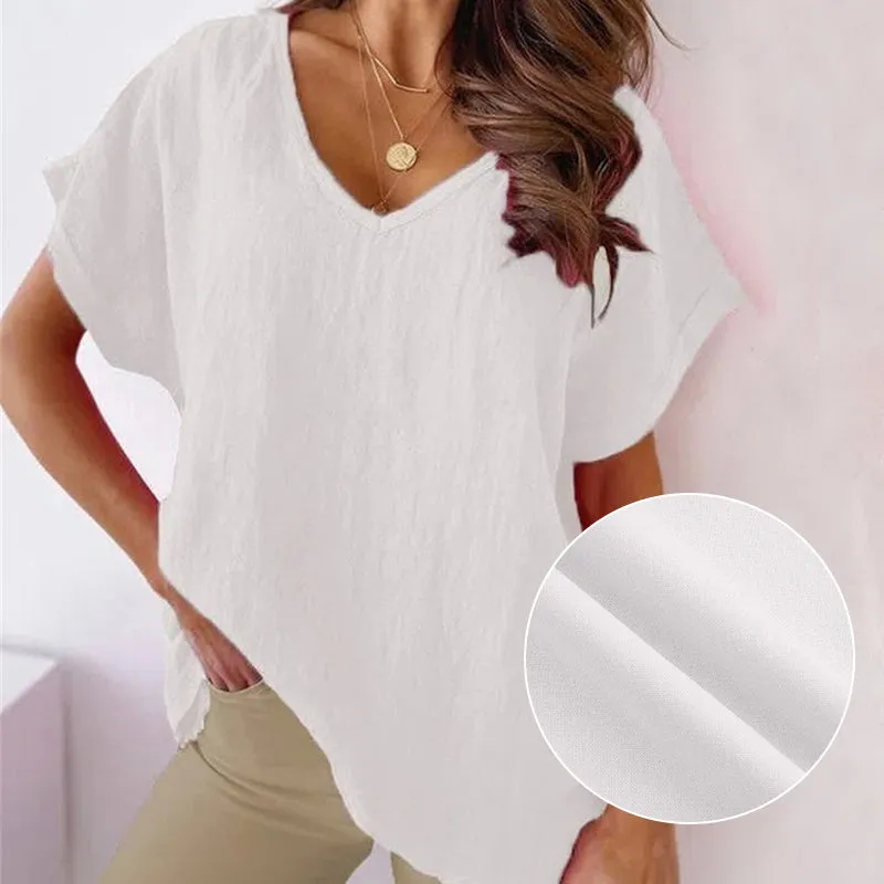 V-neck Cotton and Linen Shirt