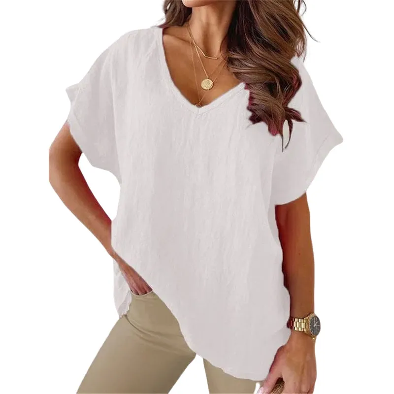 V-neck Cotton and Linen Shirt