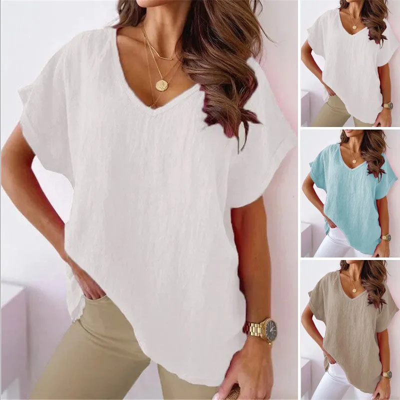 V-neck Cotton and Linen Shirt