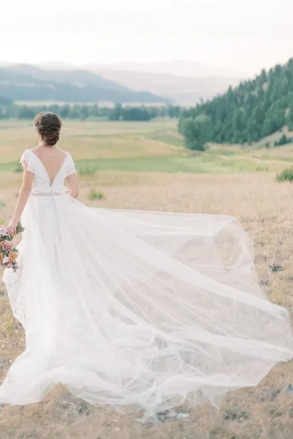 V-neckline Cap-sleeve Lace Mermaid Bridal Dress with Removeable Skirt