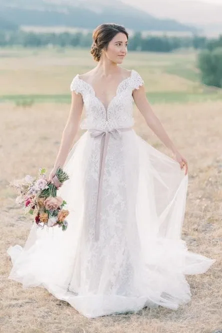 V-neckline Cap-sleeve Lace Mermaid Bridal Dress with Removeable Skirt