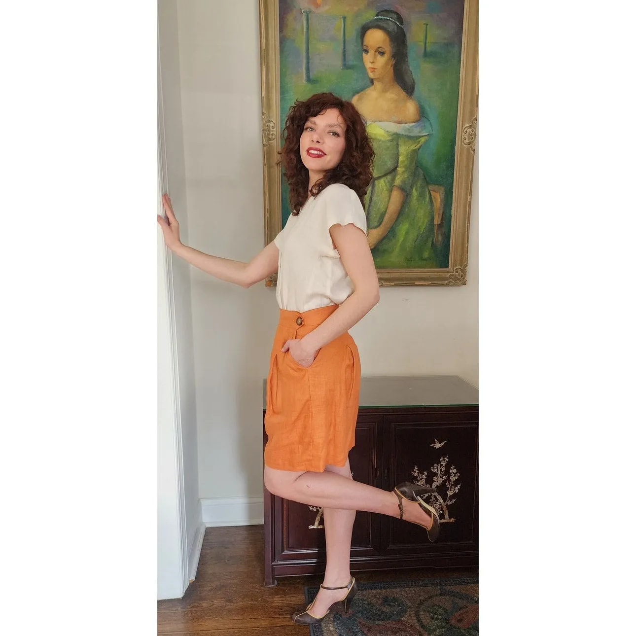 Vintage 80s Orange Linen Dress Shorts Pleated Front by Perlie / M