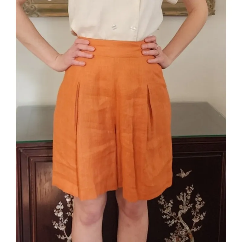 Vintage 80s Orange Linen Dress Shorts Pleated Front by Perlie / M