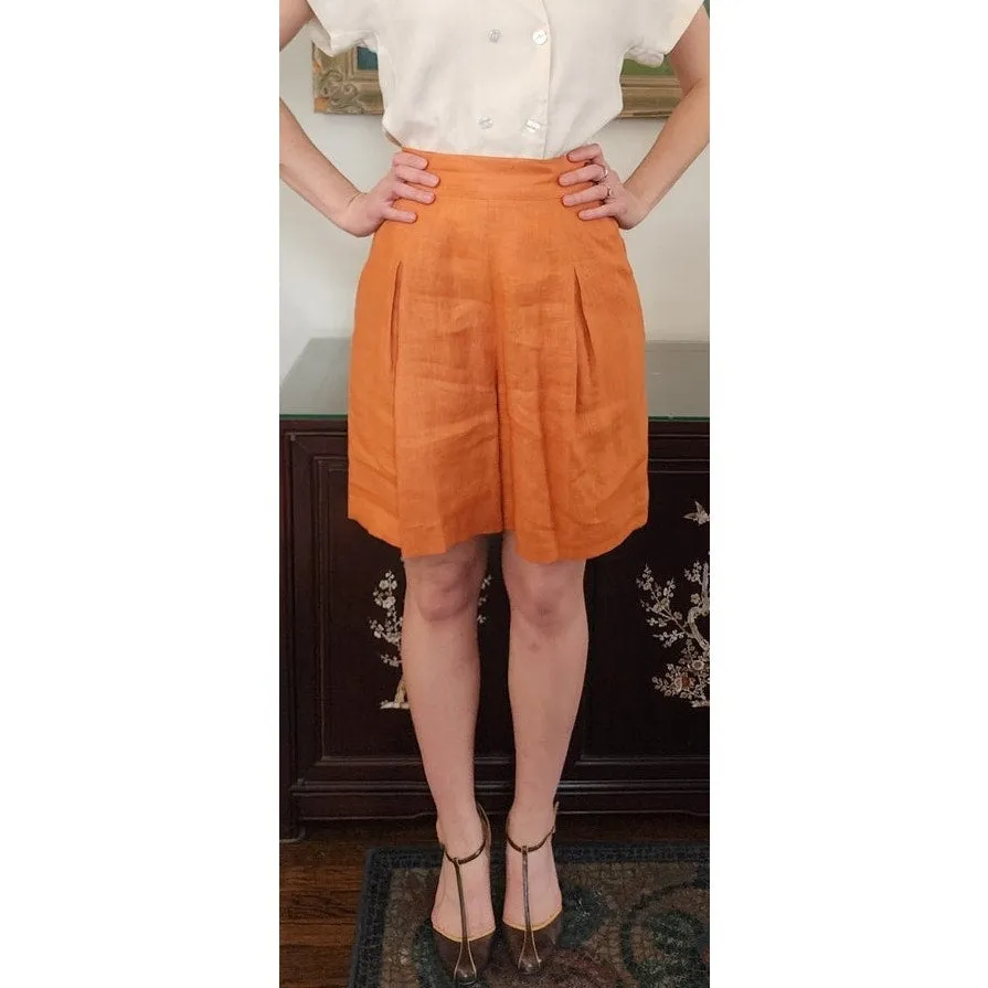 Vintage 80s Orange Linen Dress Shorts Pleated Front by Perlie / M