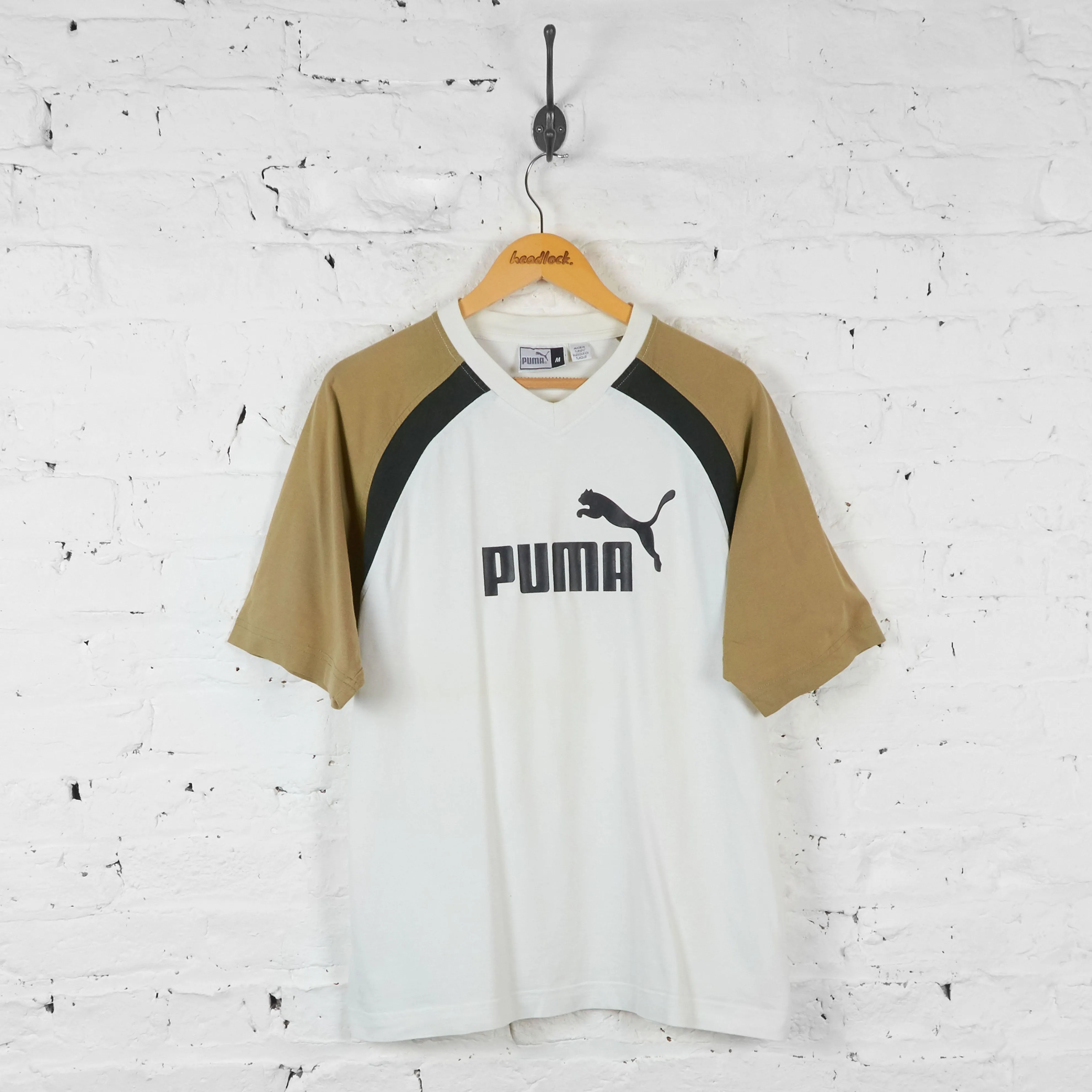 Vintage Puma V Neck T-shirt - Brown/White - M