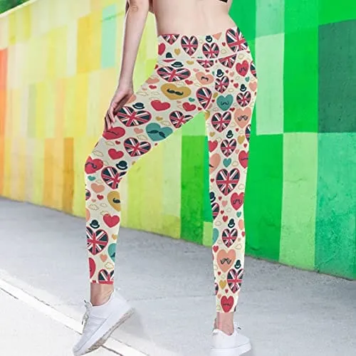 visesunny High Waist Yoga Pants with Pockets British Flag Heart Mustache Soft Tummy Control Workout Leggings