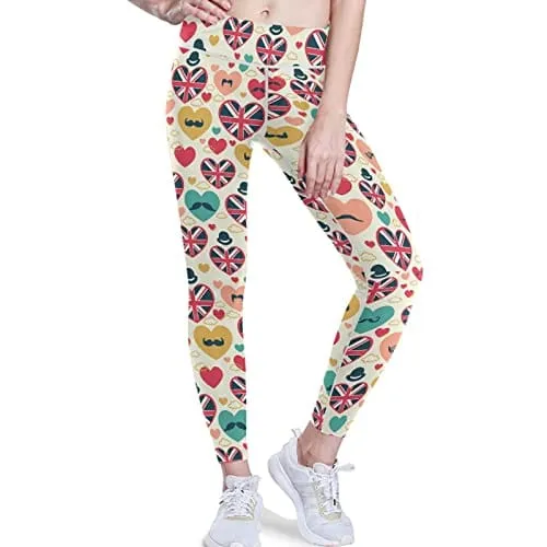 visesunny High Waist Yoga Pants with Pockets British Flag Heart Mustache Soft Tummy Control Workout Leggings