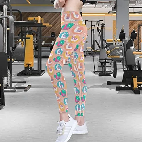 visesunny High Waist Yoga Pants with Pockets Cute Colored Llama Star Buttery Soft Tummy Control Running Workout Pants 4 Way Stretch Pocket Leggings