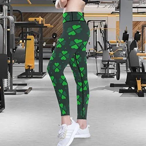 visesunny High Waist Yoga Pants with Pockets Green Clover Dot Print Buttery Soft Tummy Control Running Workout Pants 4 Way Stretch Pocket Leggings