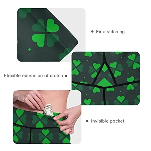 visesunny High Waist Yoga Pants with Pockets Green Clover Dot Print Buttery Soft Tummy Control Running Workout Pants 4 Way Stretch Pocket Leggings