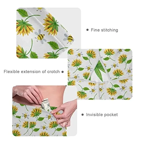 visesunny High Waist Yoga Pants with Pockets Simple Style Sunflower Bee Soft Tummy Control Workout Leggings