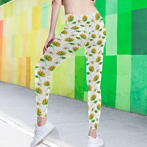 visesunny High Waist Yoga Pants with Pockets Simple Style Sunflower Bee Soft Tummy Control Workout Leggings