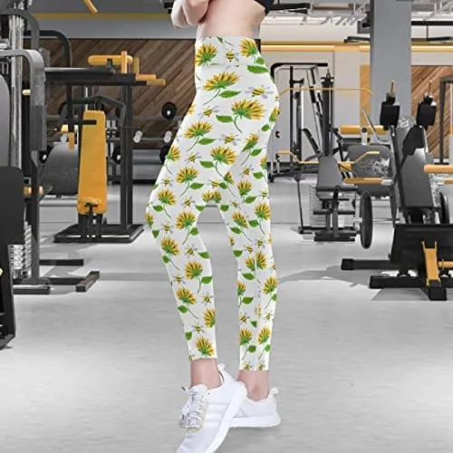 visesunny High Waist Yoga Pants with Pockets Simple Style Sunflower Bee Soft Tummy Control Workout Leggings