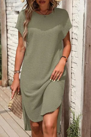 Waffle Texture Curved Hem T-shirt Dress with Side Slit