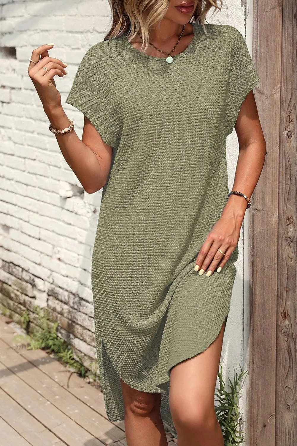 Waffle Texture Curved Hem T-shirt Dress with Side Slit