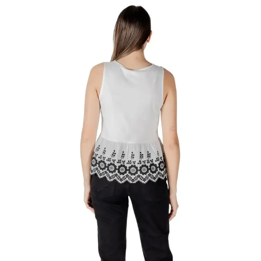 White Sleeveless Top with Black Floral Trim