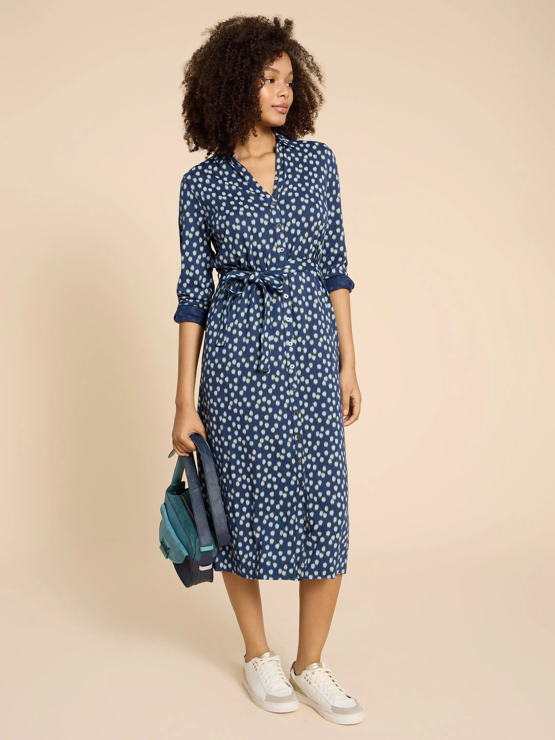 White Stuff UK Annie Jersey Shirt Dress Navy Print