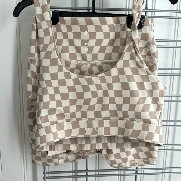 Wilo the Label Sports Bra &amp; Biker Shorts Clay Checker Print 2 piece Set Sz M NWT