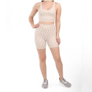 Wilo the Label Sports Bra &amp; Biker Shorts Clay Checker Print 2 piece Set Sz M NWT