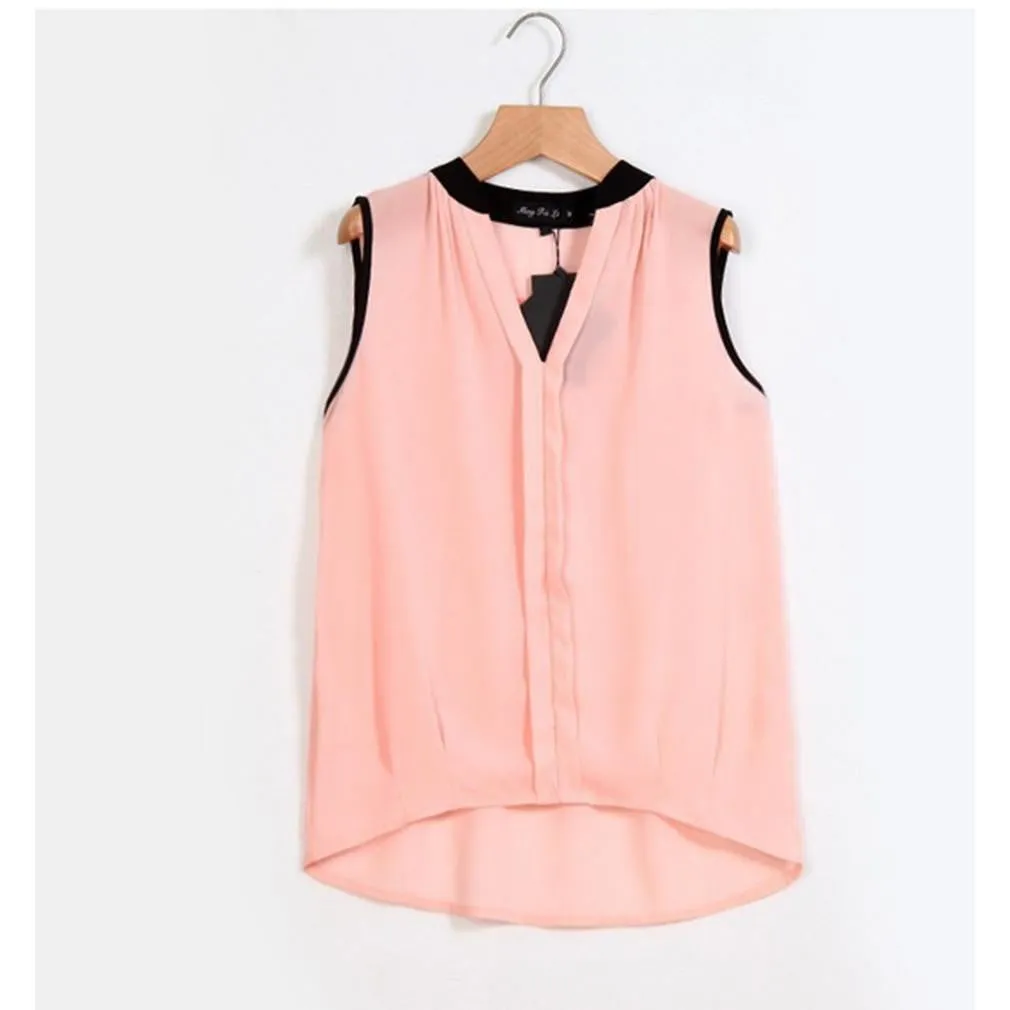 Women Casual OL Chiffon Blouses Solid Sleeveless Shirts Women Tops