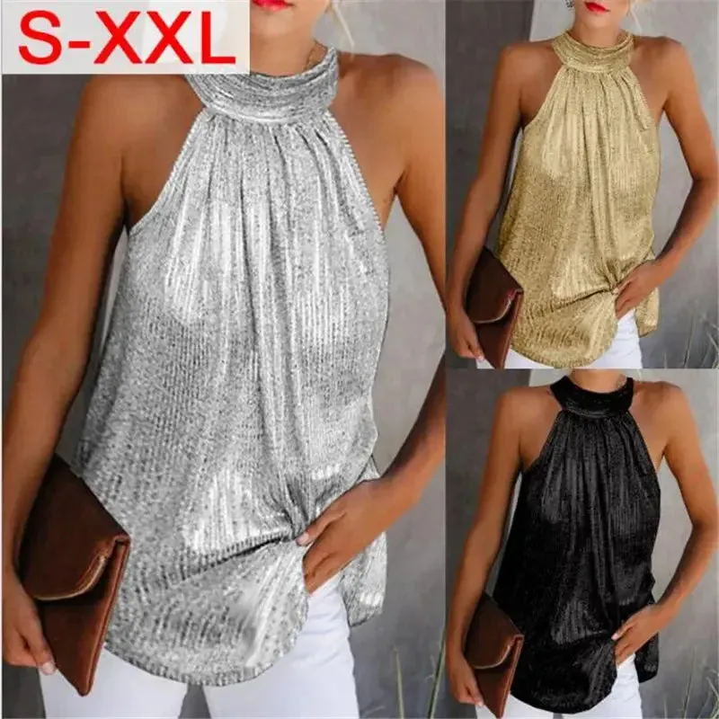Women Fashion Shiny Halter Neck Tank Tops Vest Ladies Summer Casual Solid Color Sleeveless T shirt Blouse Black Gold Silver