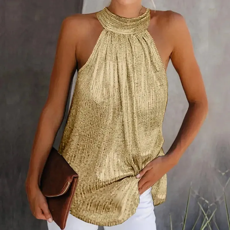Women Fashion Shiny Halter Neck Tank Tops Vest Ladies Summer Casual Solid Color Sleeveless T shirt Blouse Black Gold Silver