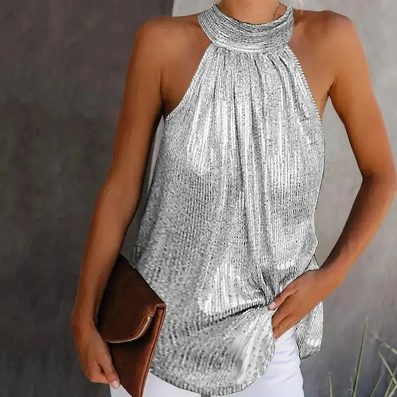 Women Fashion Shiny Halter Neck Tank Tops Vest Ladies Summer Casual Solid Color Sleeveless T shirt Blouse Black Gold Silver