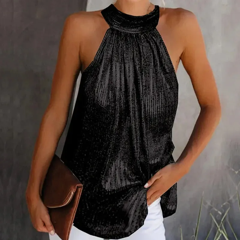Women Fashion Shiny Halter Neck Tank Tops Vest Ladies Summer Casual Solid Color Sleeveless T shirt Blouse Black Gold Silver