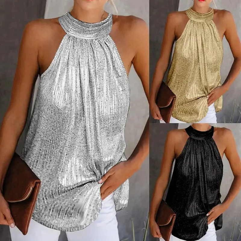 Women Fashion Shiny Halter Neck Tank Tops Vest Ladies Summer Casual Solid Color Sleeveless T shirt Blouse Black Gold Silver