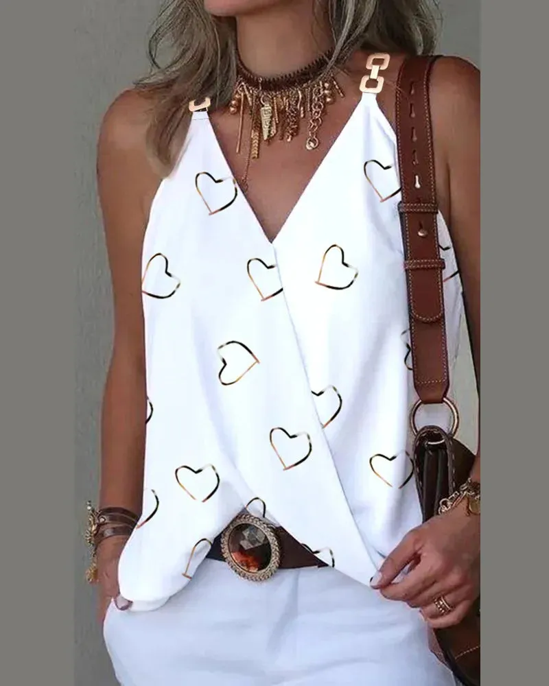 Women's Blouse White Shirts & Blouses Print Sleeveless Tops Loose V Neck Pullovers Summer