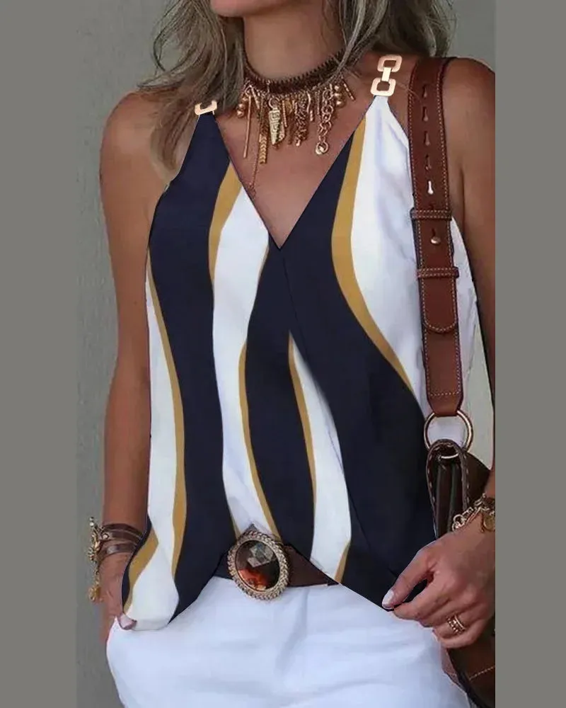 Women's Blouse White Shirts & Blouses Print Sleeveless Tops Loose V Neck Pullovers Summer