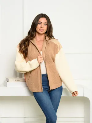 WOMEN'S LONG SLEEVE COLORBLOCK ZIP UP SWEATER