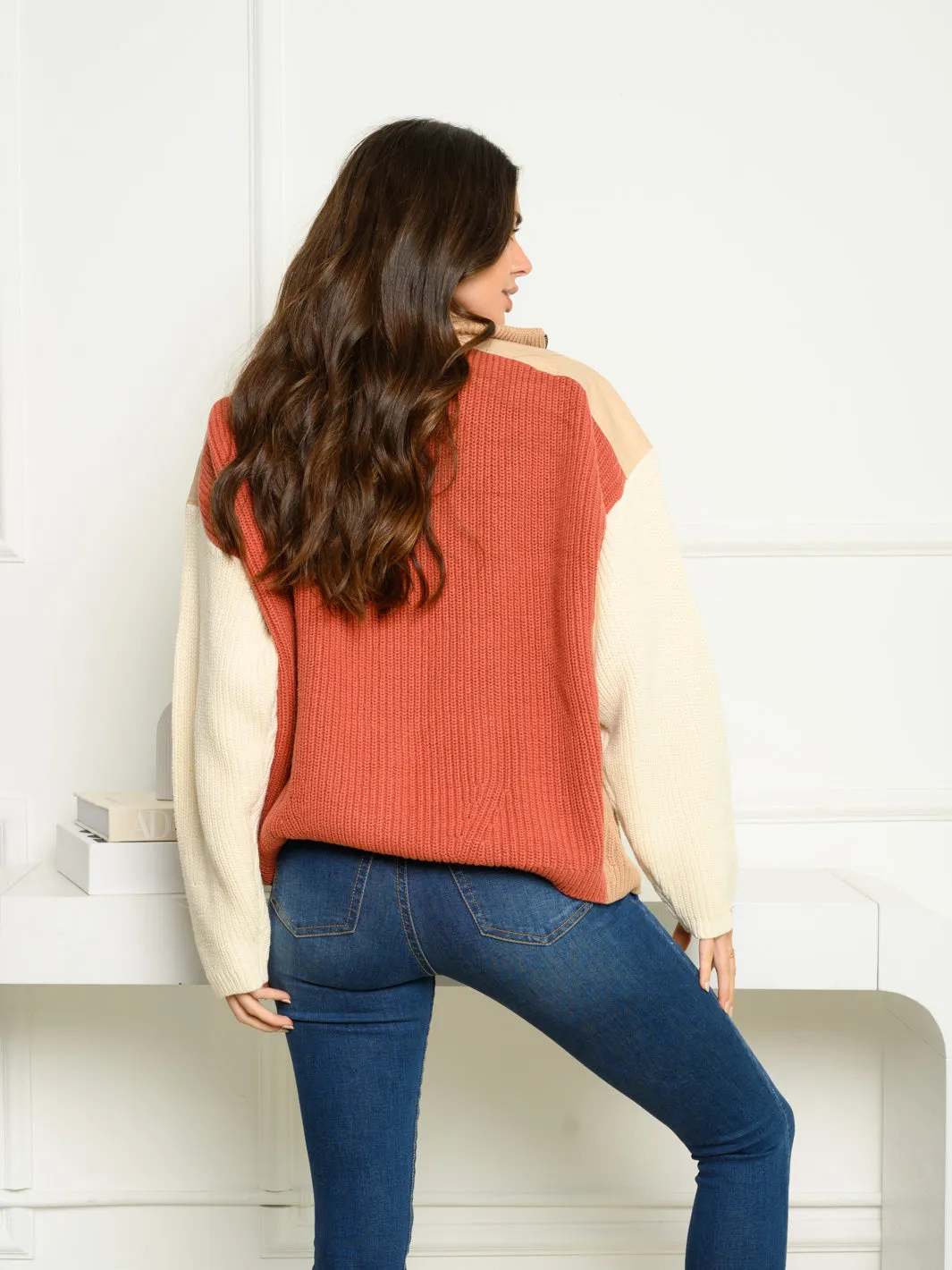 WOMEN'S LONG SLEEVE COLORBLOCK ZIP UP SWEATER
