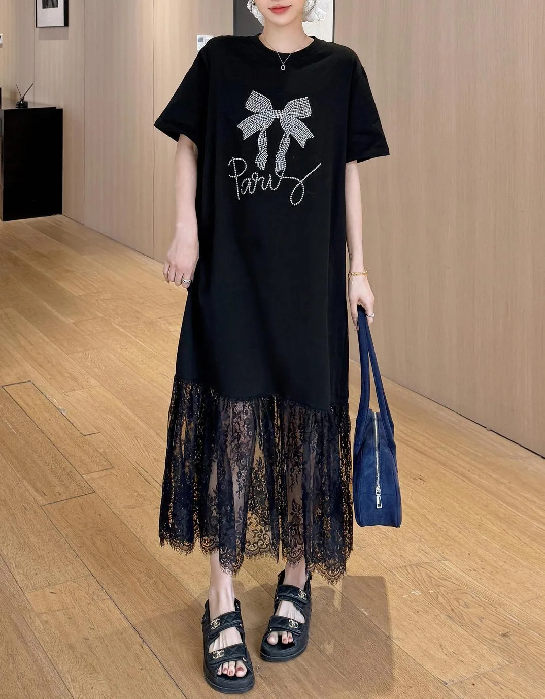 Women's Loose-Fit T-Shirt Dress with Pattern Print and Patchwork Design