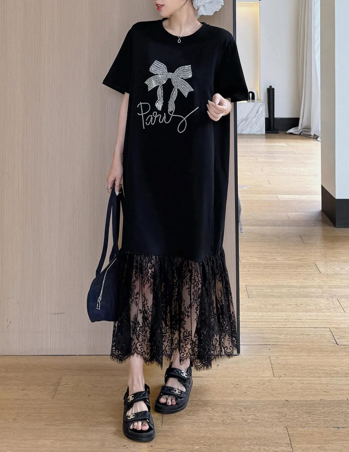 Women's Loose-Fit T-Shirt Dress with Pattern Print and Patchwork Design