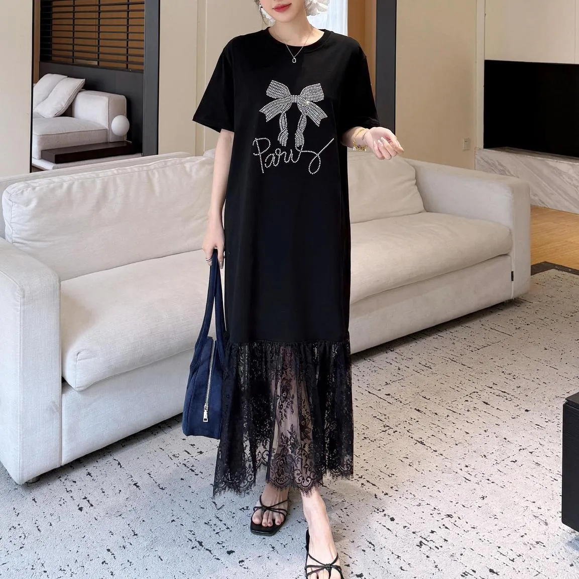 Women's Loose-Fit T-Shirt Dress with Pattern Print and Patchwork Design