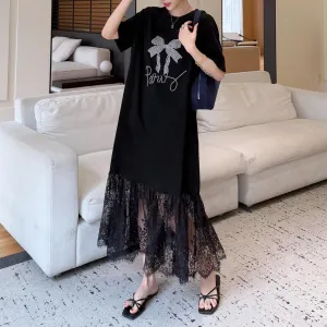 Women's Loose-Fit T-Shirt Dress with Pattern Print and Patchwork Design