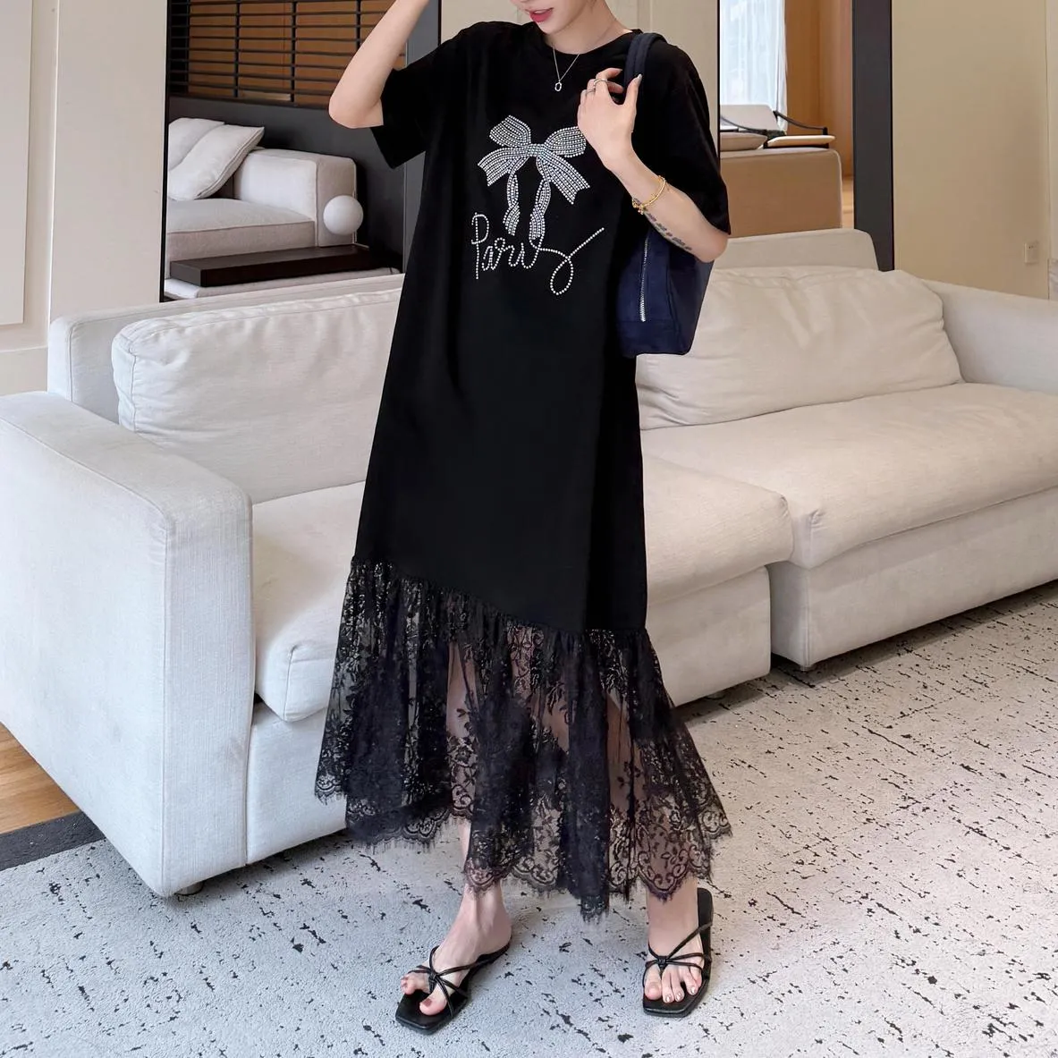 Women's Loose-Fit T-Shirt Dress with Pattern Print and Patchwork Design