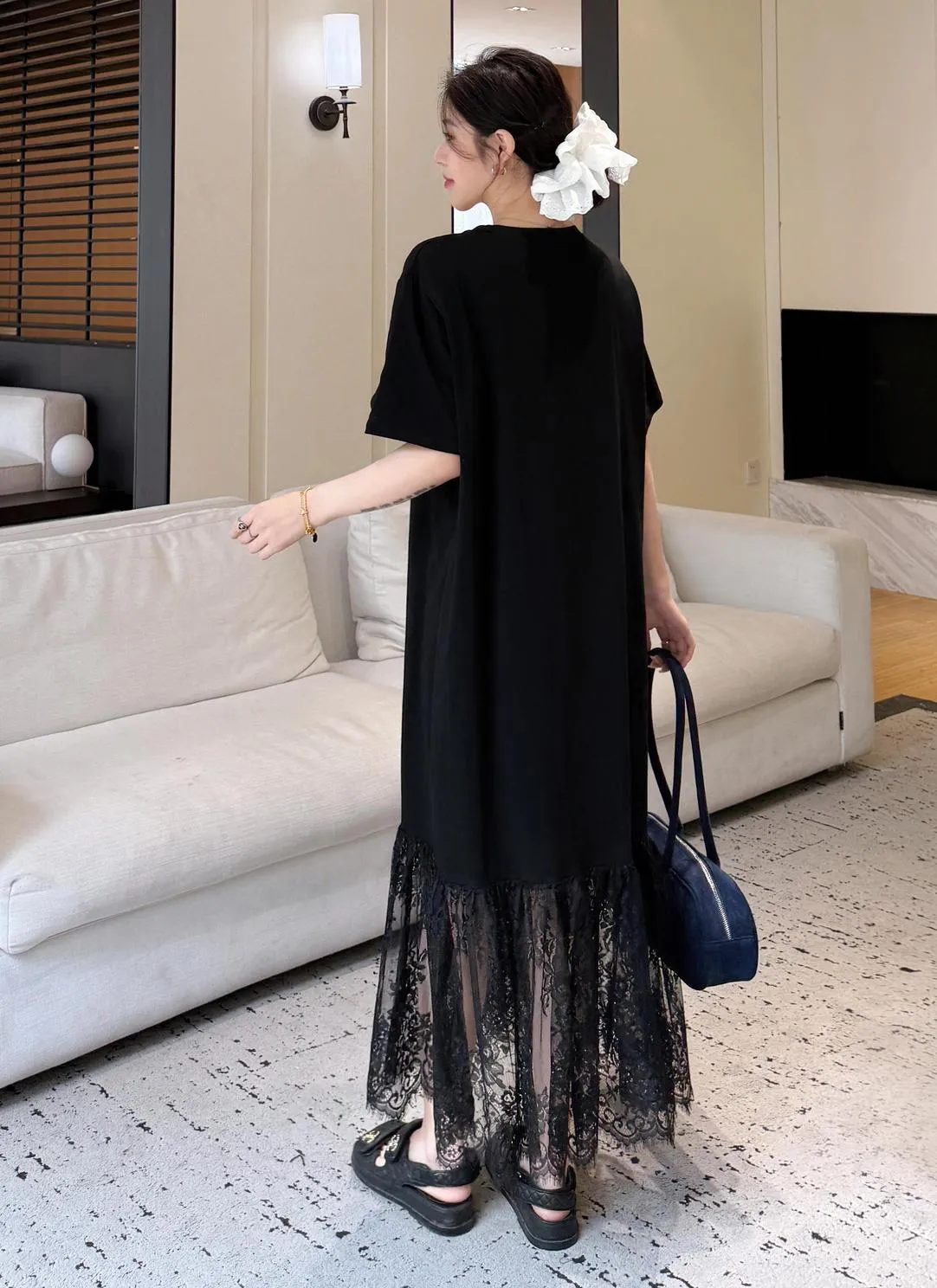 Women's Loose-Fit T-Shirt Dress with Pattern Print and Patchwork Design