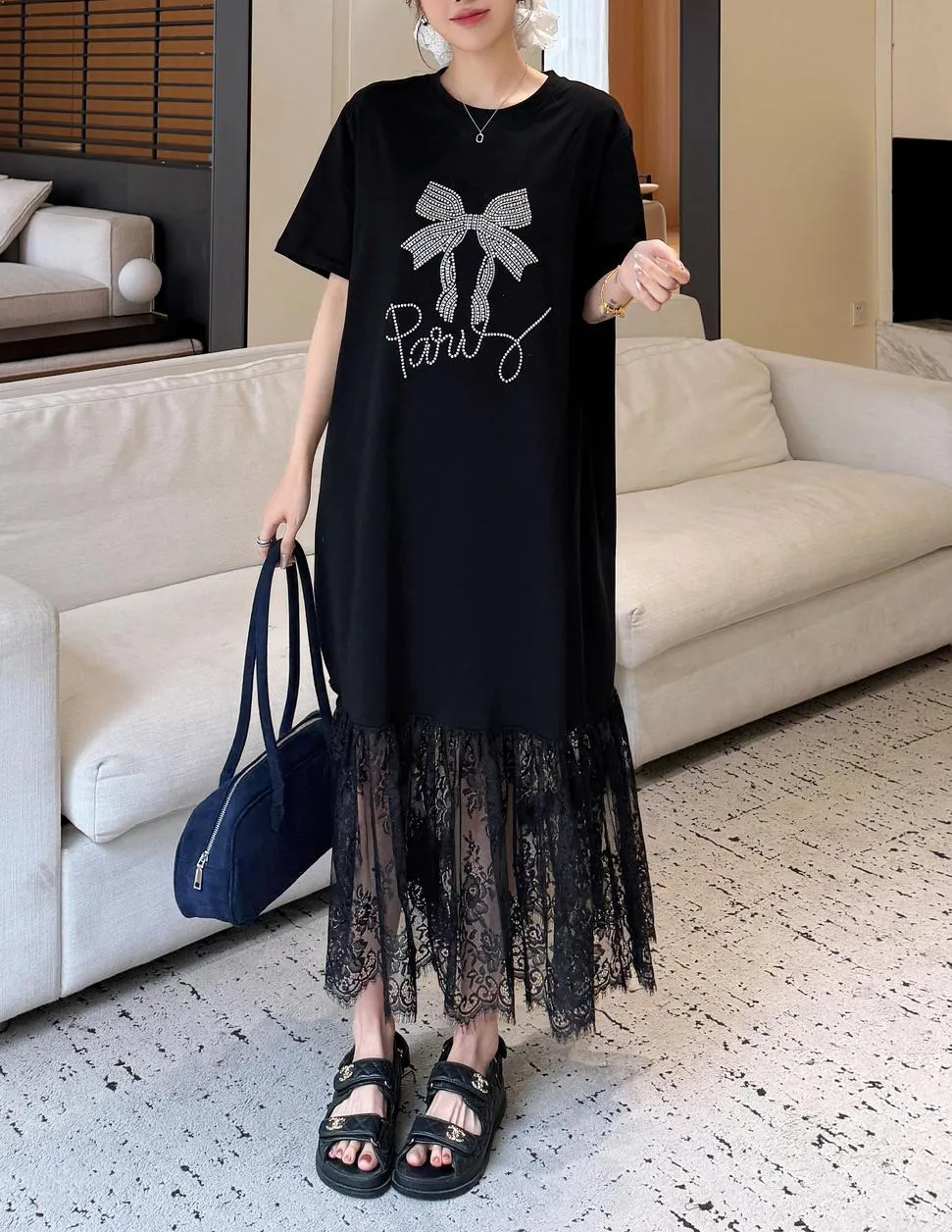 Women's Loose-Fit T-Shirt Dress with Pattern Print and Patchwork Design