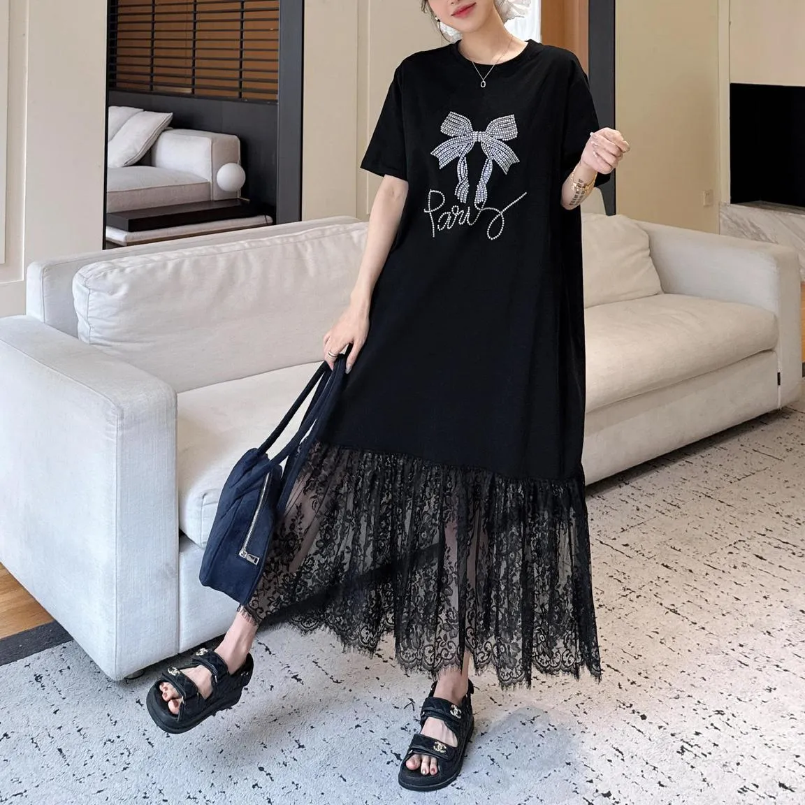 Women's Loose-Fit T-Shirt Dress with Pattern Print and Patchwork Design