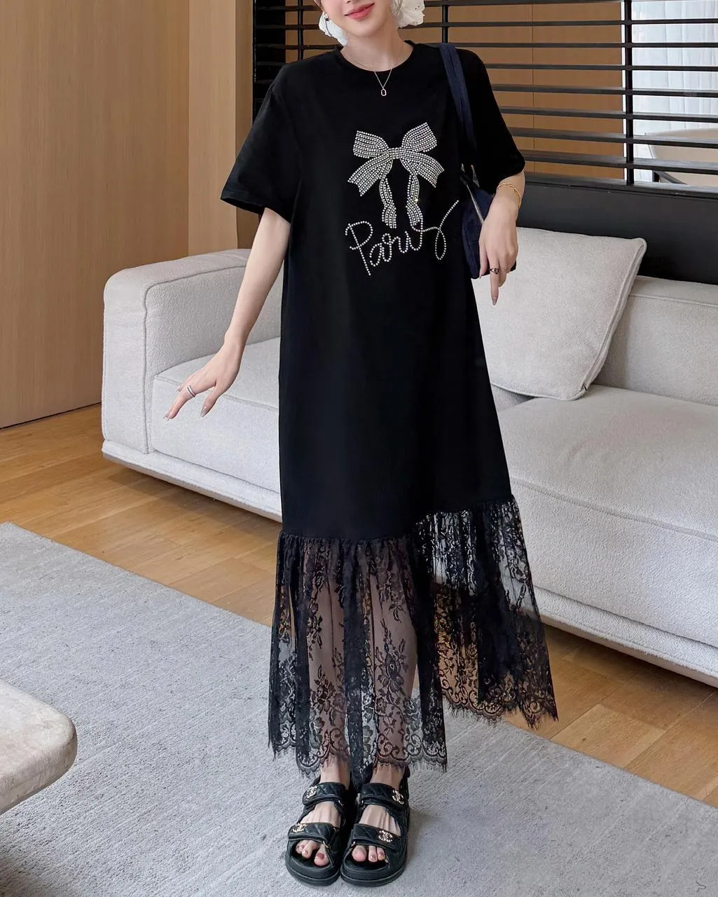 Women's Loose-Fit T-Shirt Dress with Pattern Print and Patchwork Design