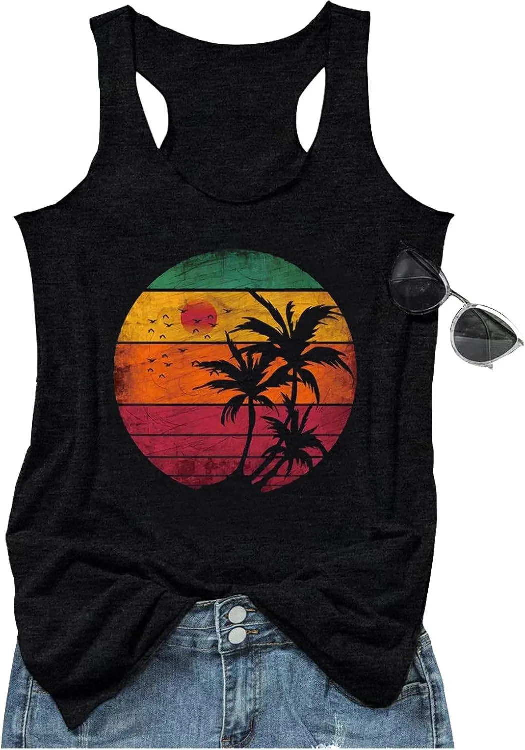 Womens Mandala Vintage Graphic Racerback Tank Tops Summer Casual Loose O-Neck Tanks Vest Vacation Classic-Fit Shirt Cami