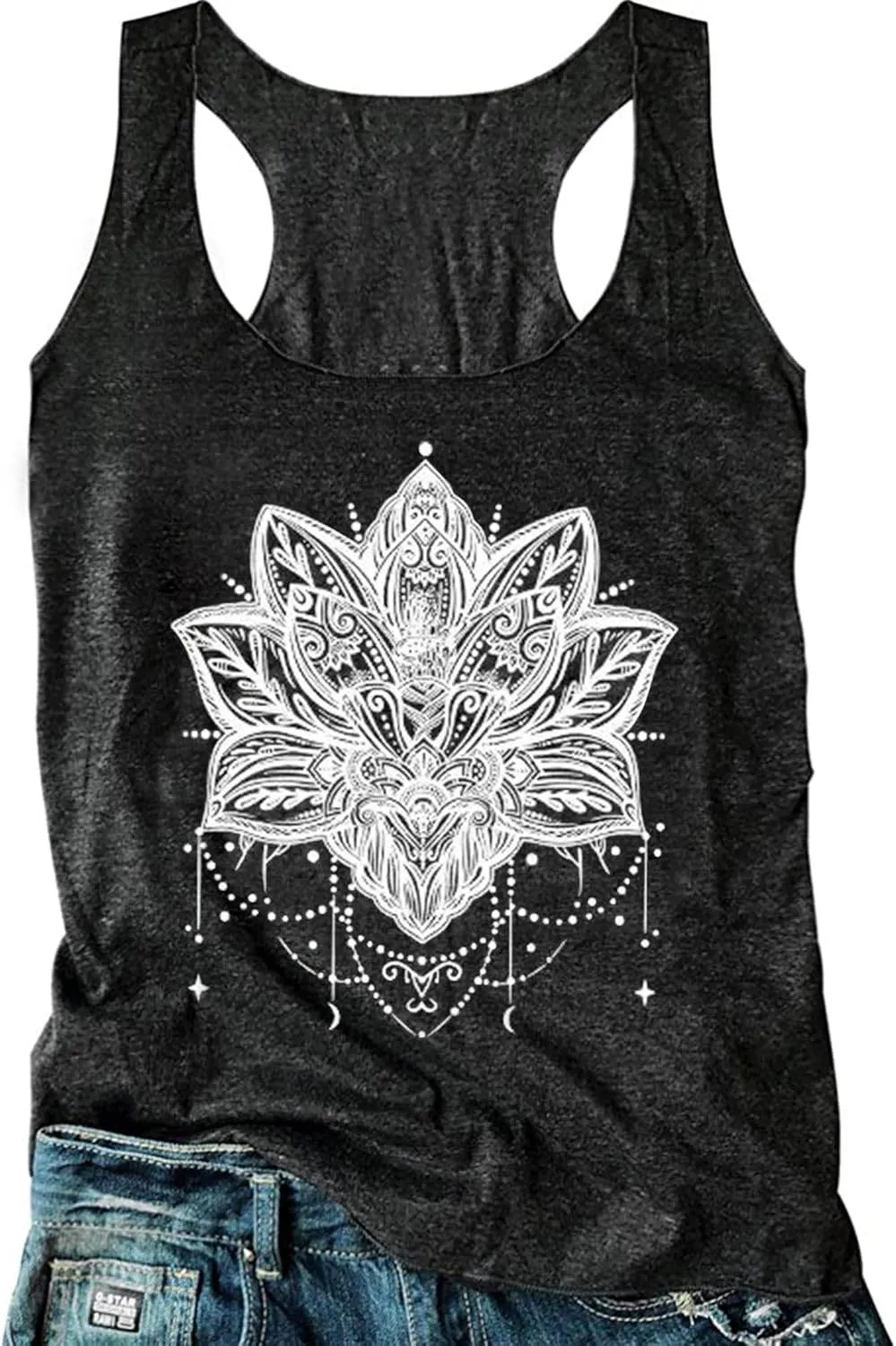 Womens Mandala Vintage Graphic Racerback Tank Tops Summer Casual Loose O-Neck Tanks Vest Vacation Classic-Fit Shirt Cami