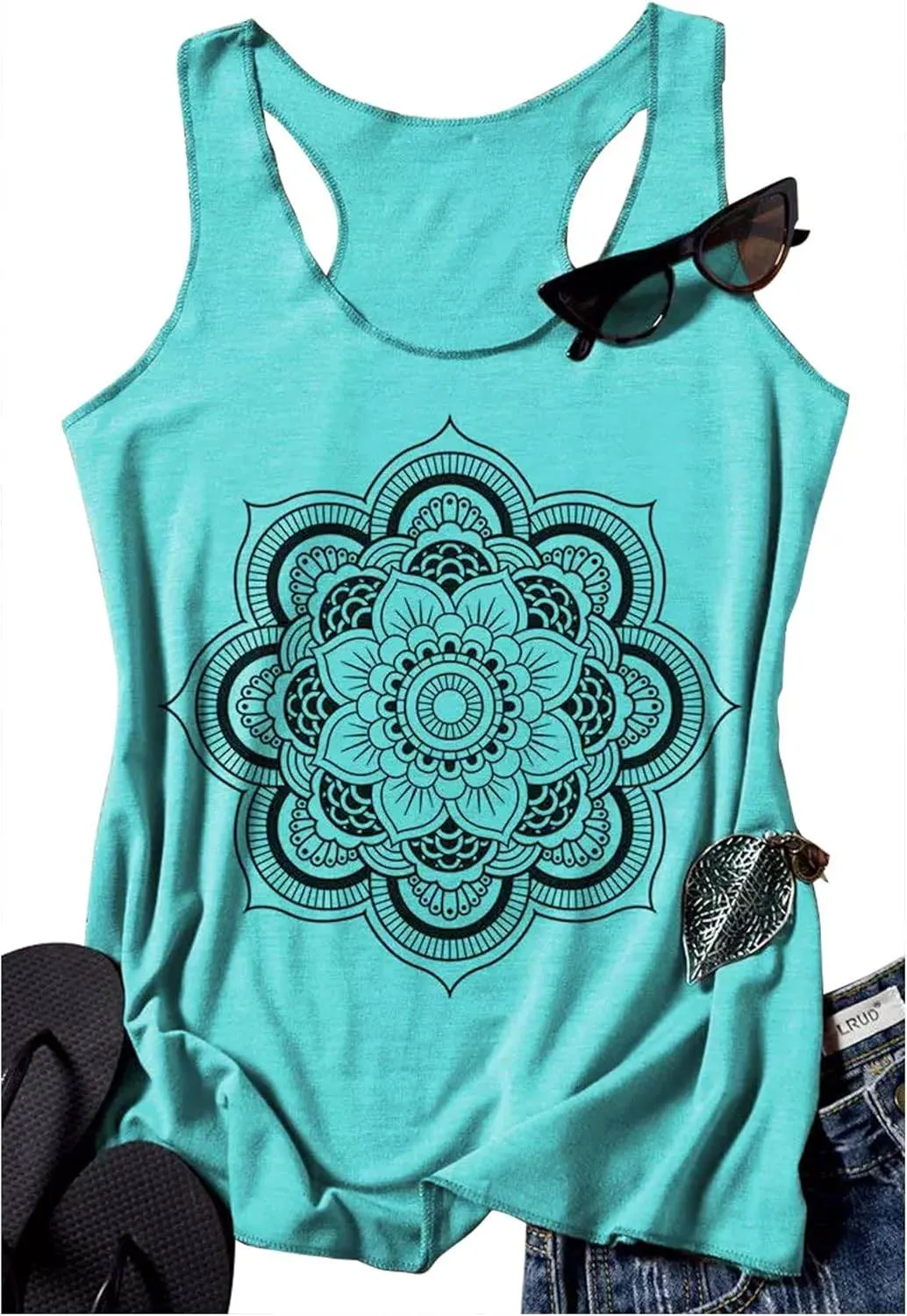 Womens Mandala Vintage Graphic Racerback Tank Tops Summer Casual Loose O-Neck Tanks Vest Vacation Classic-Fit Shirt Cami