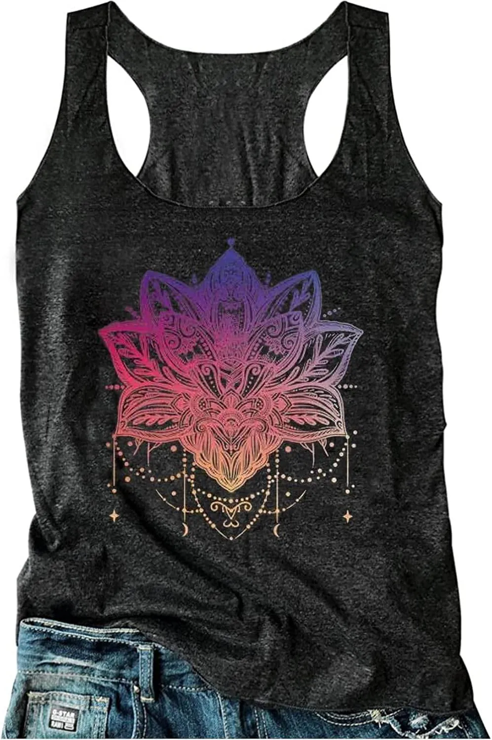 Womens Mandala Vintage Graphic Racerback Tank Tops Summer Casual Loose O-Neck Tanks Vest Vacation Classic-Fit Shirt Cami