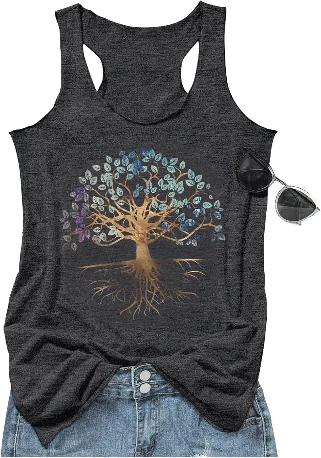 Womens Mandala Vintage Graphic Racerback Tank Tops Summer Casual Loose O-Neck Tanks Vest Vacation Classic-Fit Shirt Cami