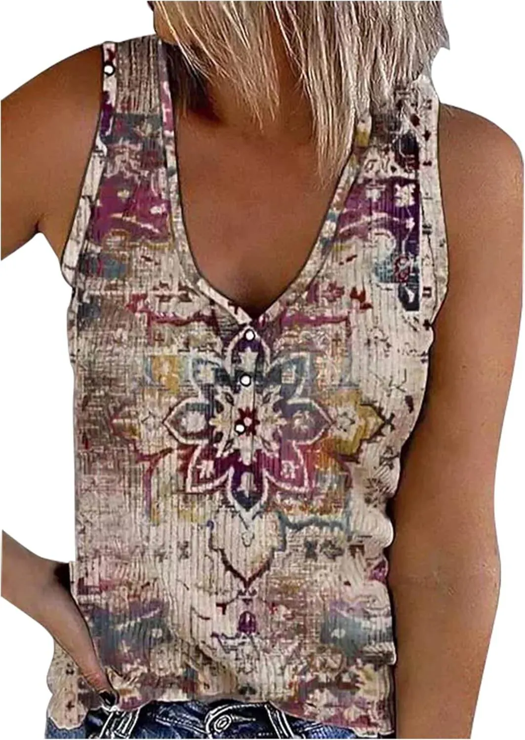 Womens Mandala Vintage Graphic Racerback Tank Tops Summer Casual Loose O-Neck Tanks Vest Vacation Classic-Fit Shirt Cami