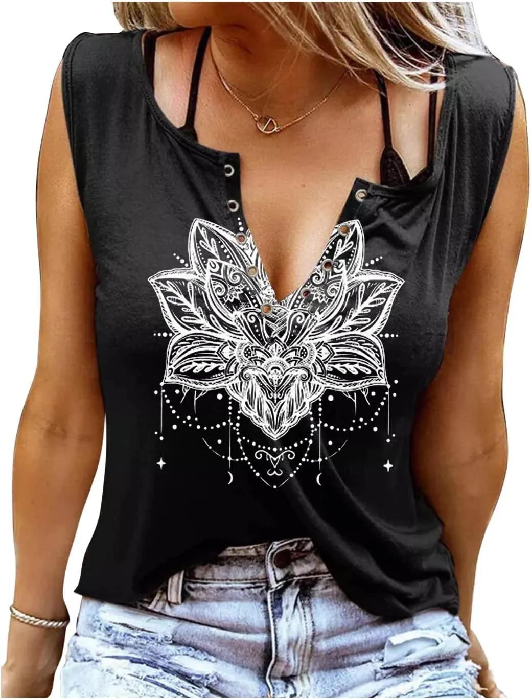 Womens Mandala Vintage Graphic Racerback Tank Tops Summer Casual Loose O-Neck Tanks Vest Vacation Classic-Fit Shirt Cami