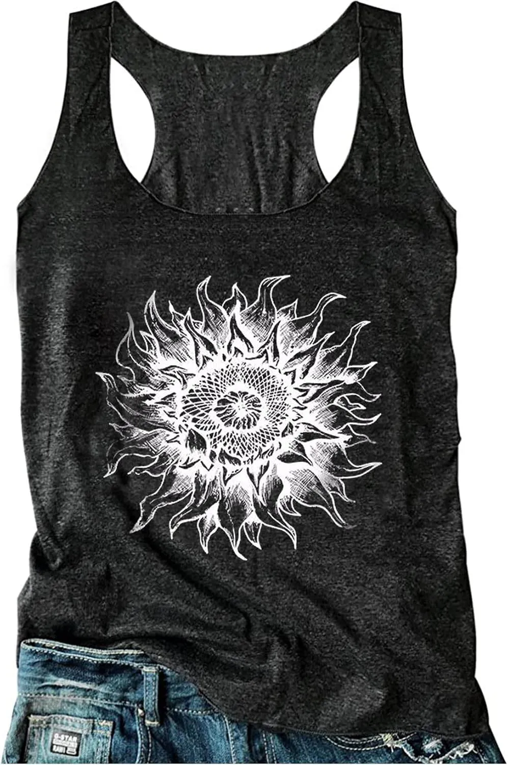 Womens Mandala Vintage Graphic Racerback Tank Tops Summer Casual Loose O-Neck Tanks Vest Vacation Classic-Fit Shirt Cami